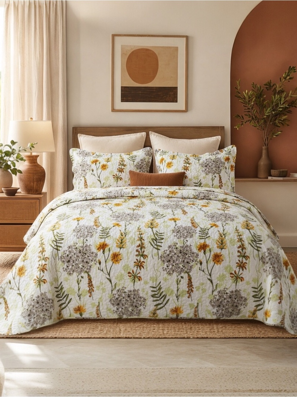 NEW Anthro White Floral Queen King Boho Quilt Bedding Bedspread Duvet & Sham Set